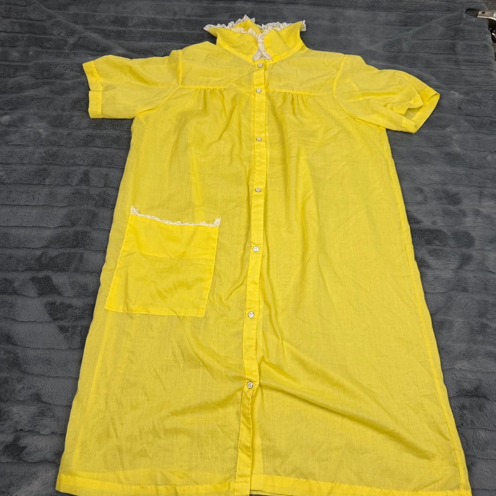 Vintage Sears Koffee Kasual Yellow Lace Trim House Coat Duster Robe Button Front
